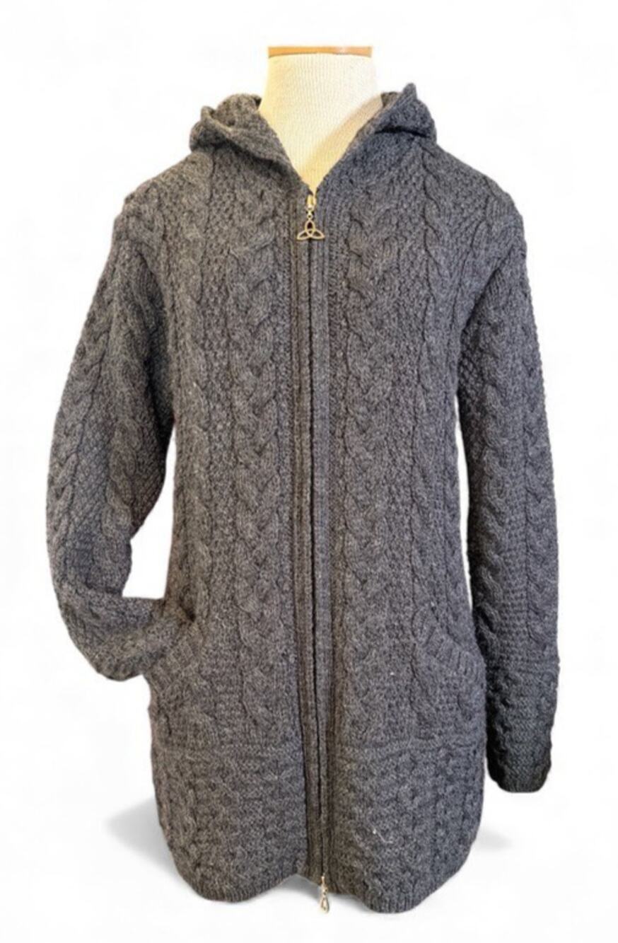 Inis Crafts Irish 100% Merino Wool Full Zip Cardigan Hood Size S Gray Cozy Gift